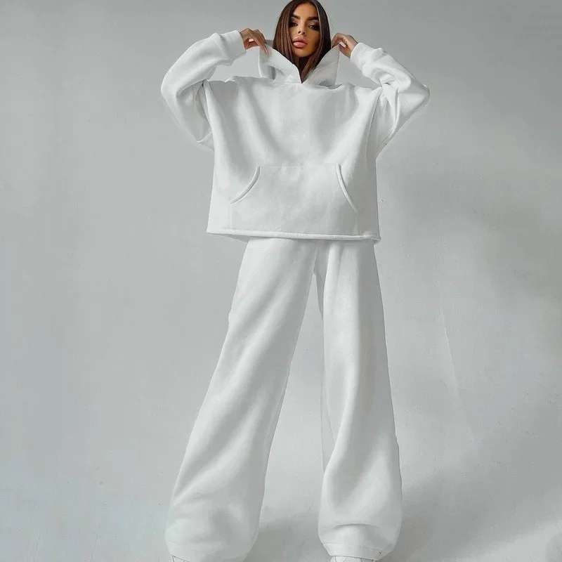 2021 Autumn and Winter New Women's Fashion Long-sleeved Solid Color Casual Suit Hooded Pocket Sweater Two-piece Female Trend
