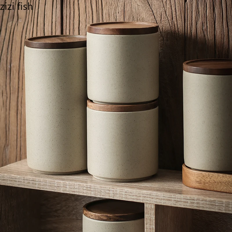 Retro Ceramic Storage Jar Wooden Lid Sealed Can Organizer Box Home Kitchen Food Storage Containers ceramic storage jar
