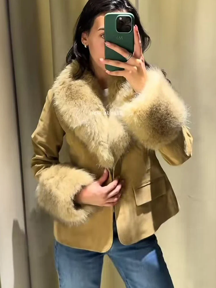 Autumn Winter New Women Short Coat Elegant Warm Spliced Faux Fur Collar Suebe Coat Female Luxury Fashion Slimming Jacket