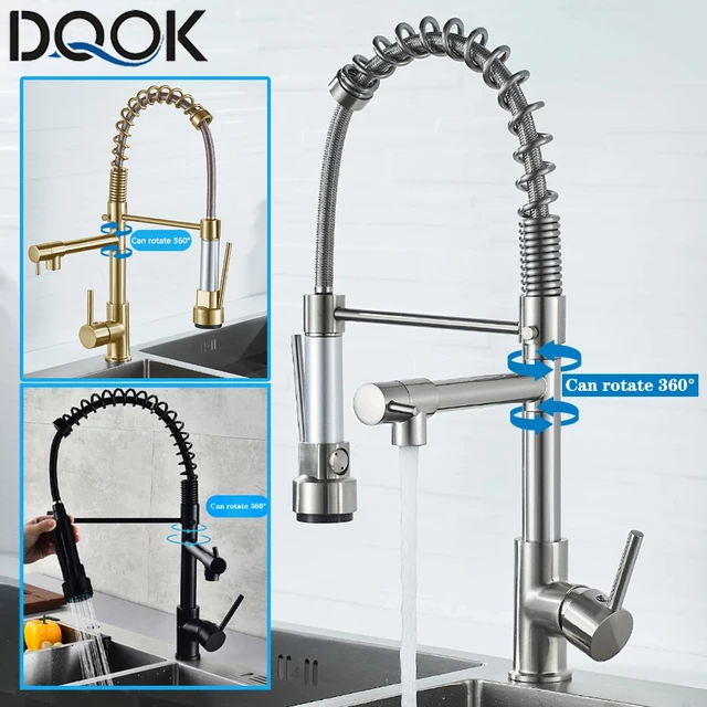 DQOK สีดําแปรงฤดูใบไม้ผลิดึงลงก๊อกน้ําอ่างล้างจาน Hot & Cold Water Mixer Crane Tap พร้อม Dual Spout Deck ติดตั้ง 1