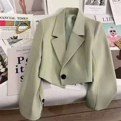 Korean Cropped Blazers Women Autumn Solid Color Simple Single-button Outwear Teens All-match Long Sleeve Office Lady Suit Jacket