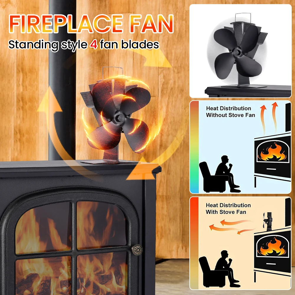 4 Blade Heat Powered Stove Fan Black Fireplace Fan komin Log Wood Burner  Eco Friendly Quiet Fan Home Efficient Heat Distribution - AliExpress