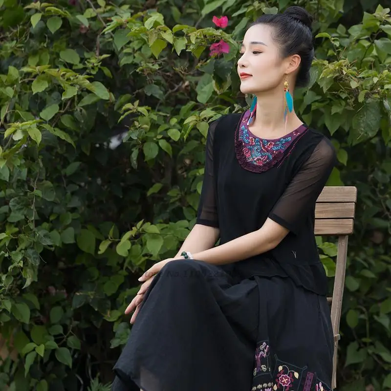 2024 traditional chinese vintage shirt national flower embroidery mesh sleeve base shirt oriental tang suit ethnic folk shirt