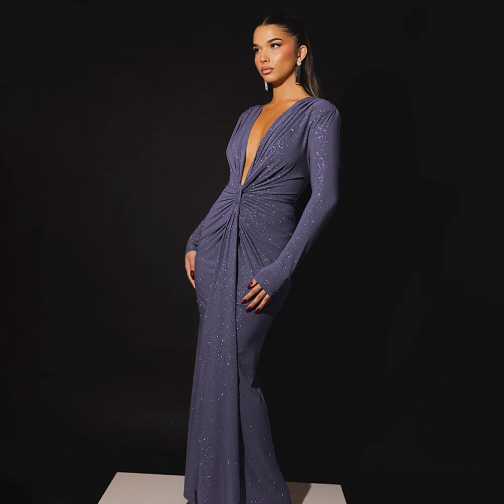 Elegant Long Sleeve Elastic Tight Party Evening Dress For Women Sexy Deep V-Fold Lace Vestido Autumn/Winter New 2025