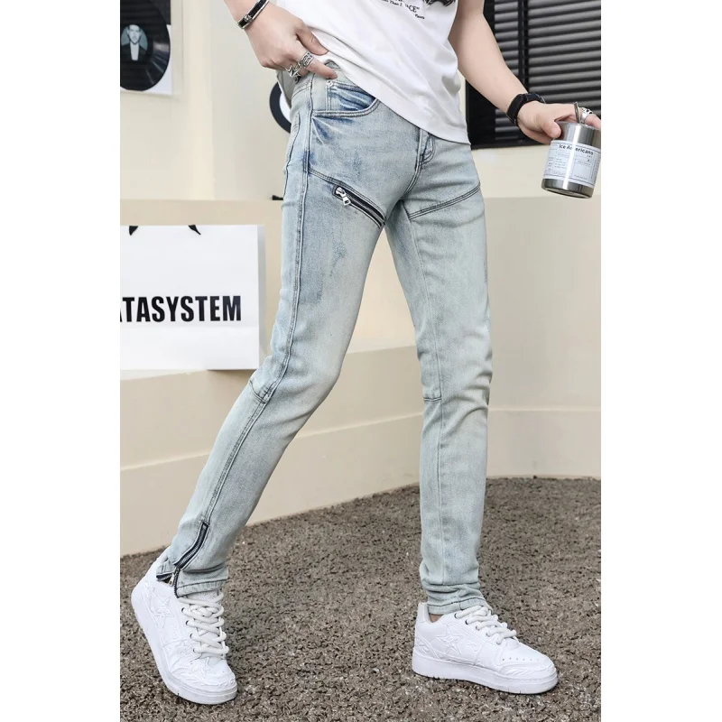 

2024Spring and Summer New Denim Trousers Men's Street Locomotive Style Fashion Personality Zipper Slim Fit Tapered Pants
