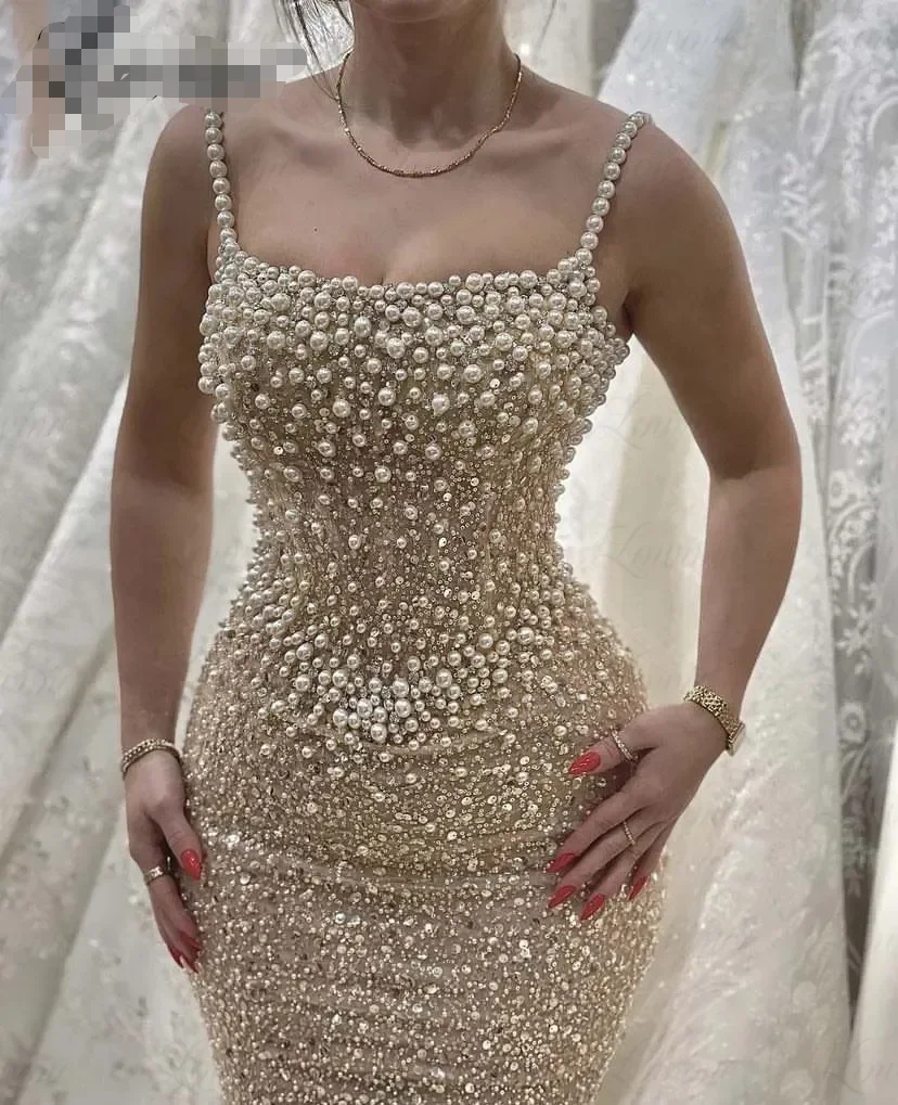 

Luxury Pearls Champagne Spaghetti Straps Prom Dresses Arabic Mermaid Sequins Evening Formal Wedding Party Gowns فساتين السهرة