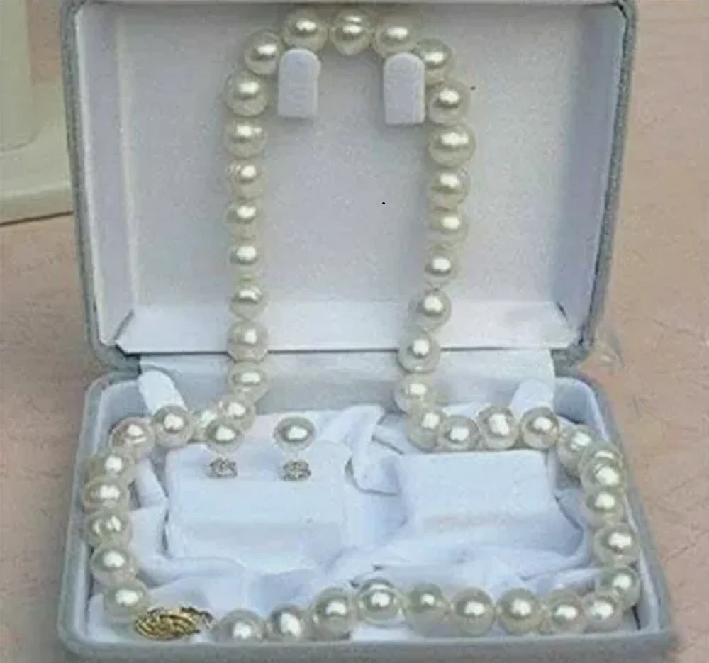 

18 inch AAA 11-10mm SouthSea natural white pearl necklace with 14K gold buckle and earrings