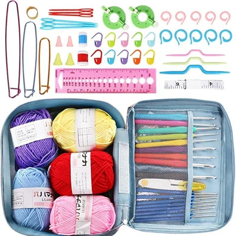 DIY Wool Crochet Hook Kit Soft Handle Knitting Craft Yarn and Sewing Accessories Tool Set Crochet Storage Bag Gift for Beginners