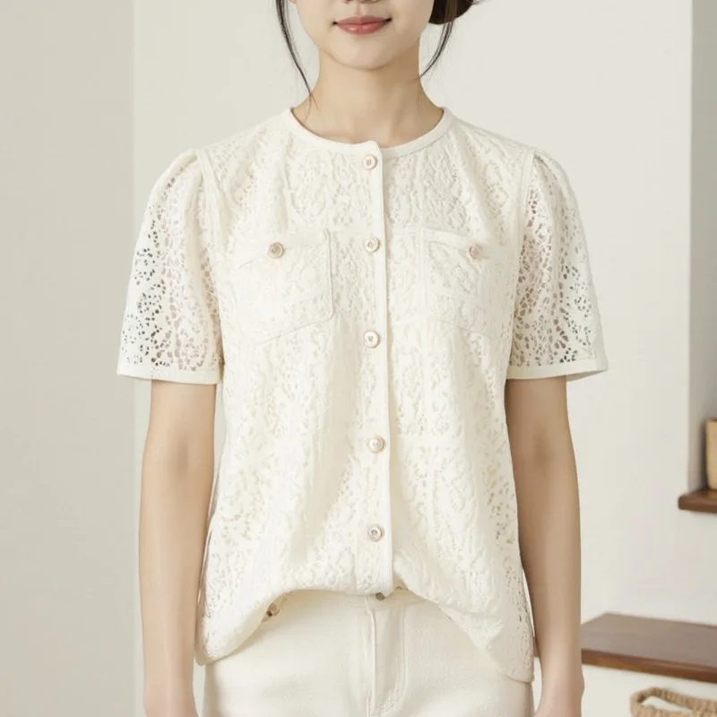 2025 Plus Size Blouses Summer New Chic Double Lace Hollow Out Short Sleeved Shirt 100kg Women Top 3062