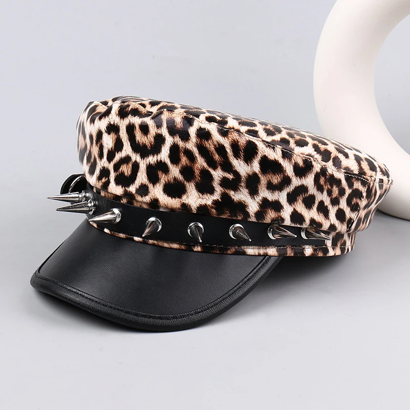 Bérets unisexes, nouveaux visières à dessus plat de Style Hip-hop Punk, à la mode, personnalisés, Cool Y2K, rivets en cuir léopard, casquettes de journal