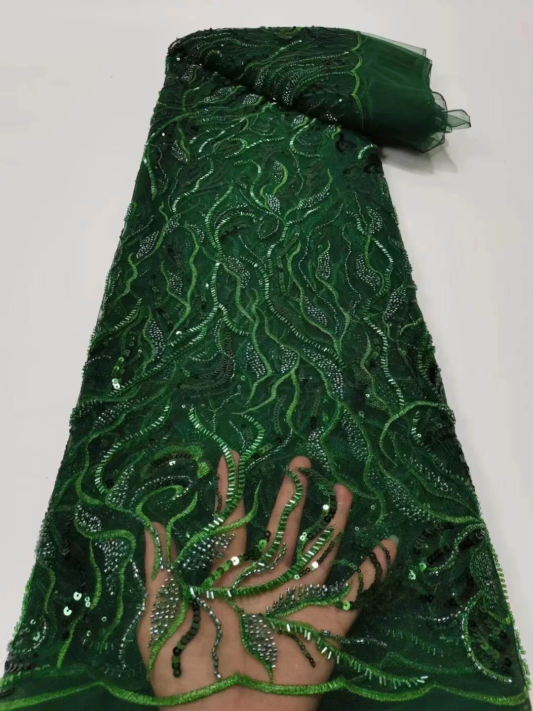 

2022 Africa Fashion Green High Quality Handmade Sequins Lace Luxury Beaded Tulle Lace Fabric French For Wedding Party Dress