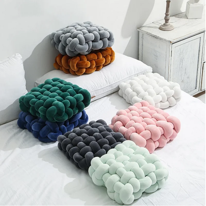 Living Room Soft Plush Knot Cushion,Sofa Pillow Solid Square Hand-Woven Home Throw Pillow,Square Woven Seat Cushion