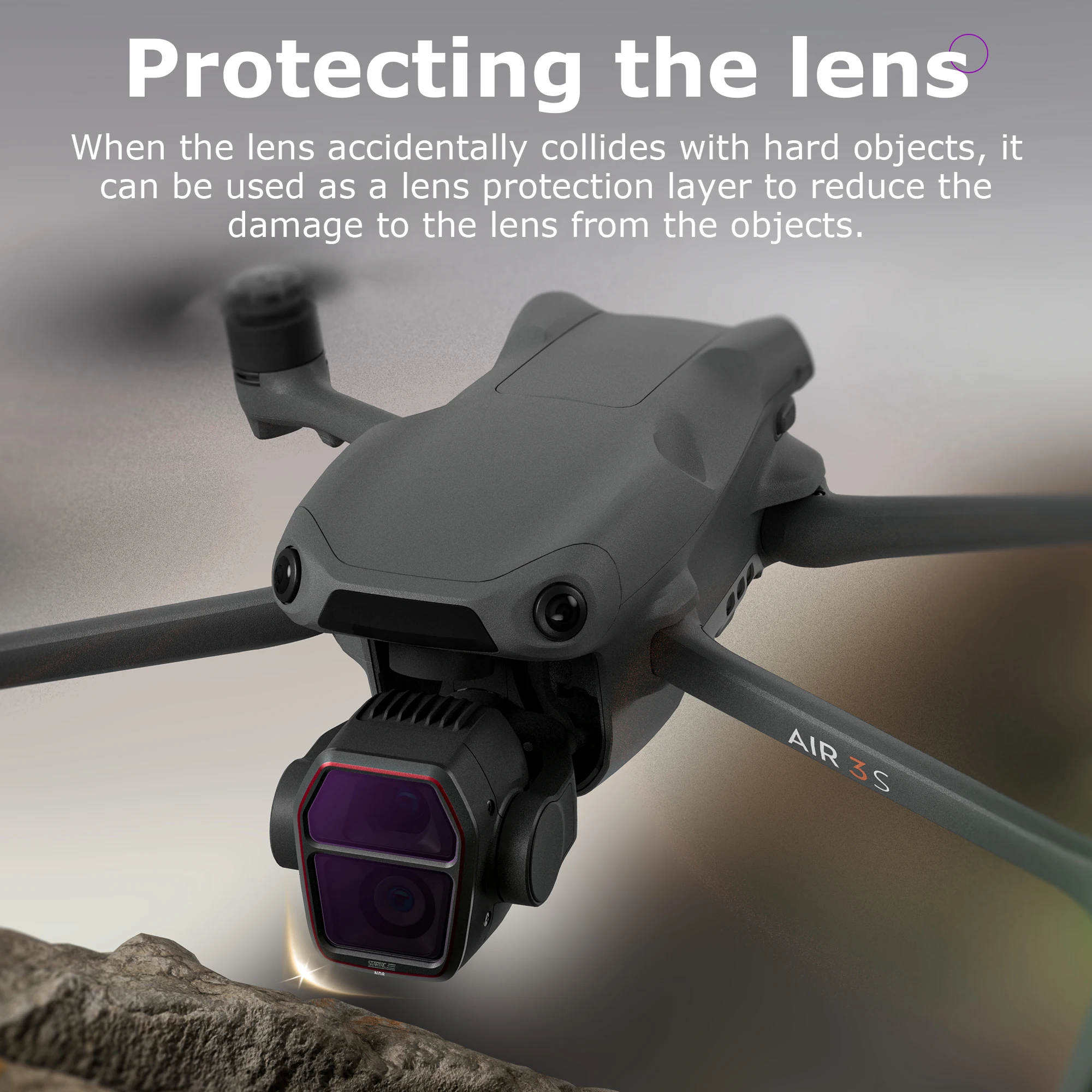 Gros plan sur un filtre CPL pour DJI Air 3S, montrant la monture et le verre.
