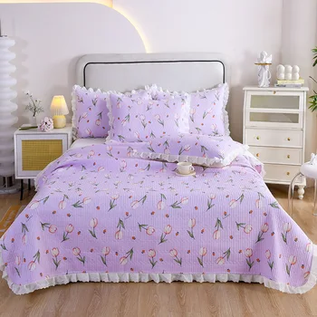 3Pcs Bed Cover Princess Wind Dust-Proof Lace CottonCotton Bed Cover Double -Sized Bed Sheet Printing Blanket Four Seasons Common