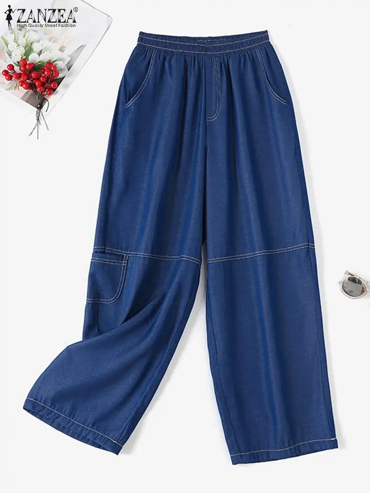 Women Denim Long Pants ZANZEA Elegant Elastic Waist Pantalones Casual Loose Harem Trousers 2023 Autumn Solid Pockets Bottoms