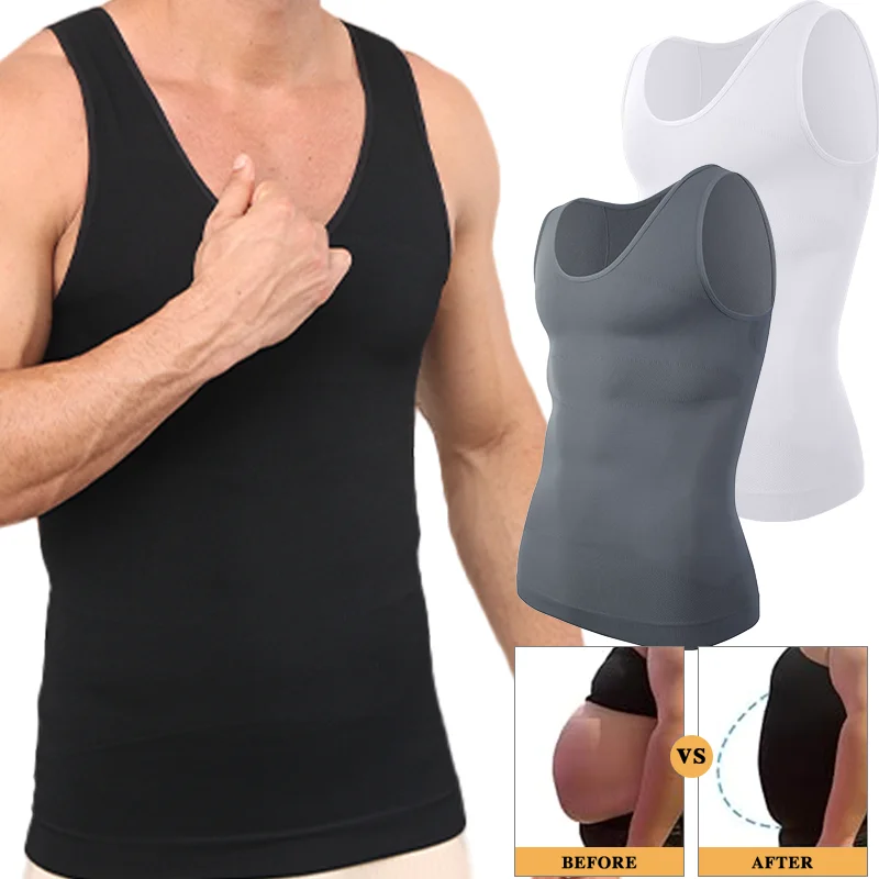 Mens Slimming Shapewear Sleeveless Compression Shirt Round Neck Seamless Waist Trainer Tank Top Belly Control Fitness Workout