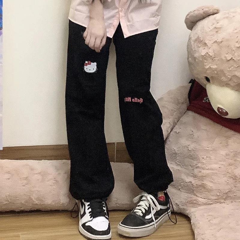

Женские брюки-карго Hello Kitty Y2k, женские широкие брюки, черные брюки-карго, женские брюки, женские трусики для женщин