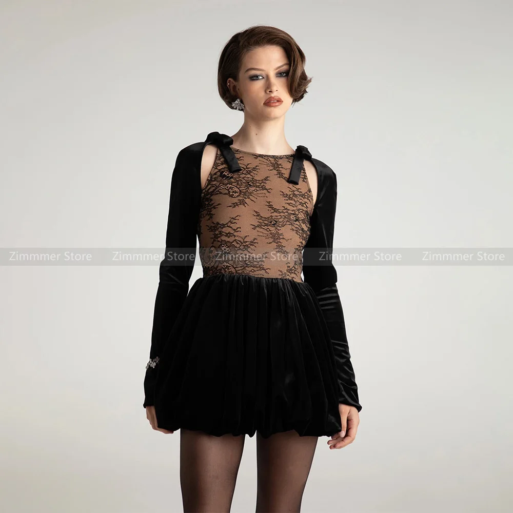 

Women's 2023 autumn and winter new black velvet splicing hollow Slim temperament small black dress dresses