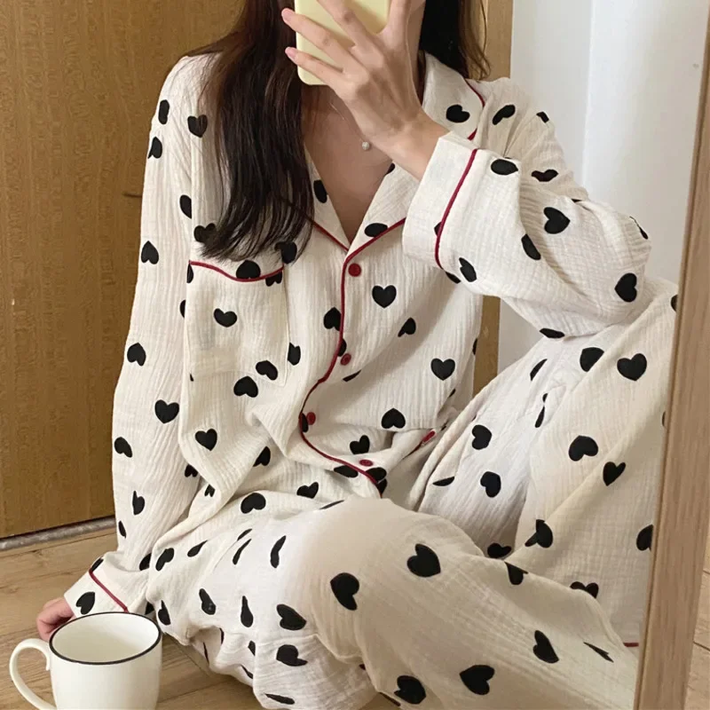 

2 Pieces Womens Pajamas Cotton Long Sleeve Sleepwear Korean Heart Print Pijama Set Nightwear Lady Home Suit Spring Pyjama Nighty