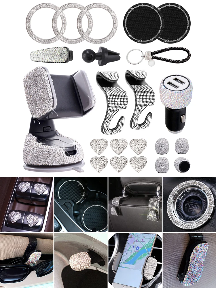 

21PCS Bling Car Accessories for Women Rhinestone Kit Dual USB Car Charger Phone Mount Tire Valve Cap Glass Cup Pad Backseat Hook