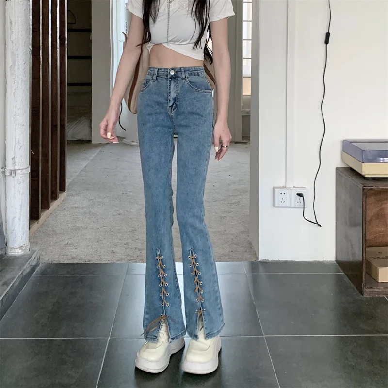 Women Casual Flared Jeans Fashion Sexy Skinny Split Leg Open