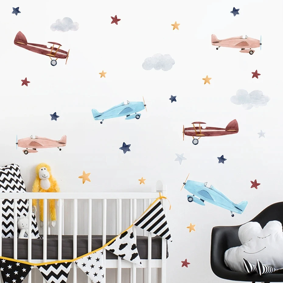 Watercolor Cartoon Car Balloon Stars Nursery Sticker Children Poster DIY Wall Decals Art Print Kids Bedroom Home Decor Wall Stickers