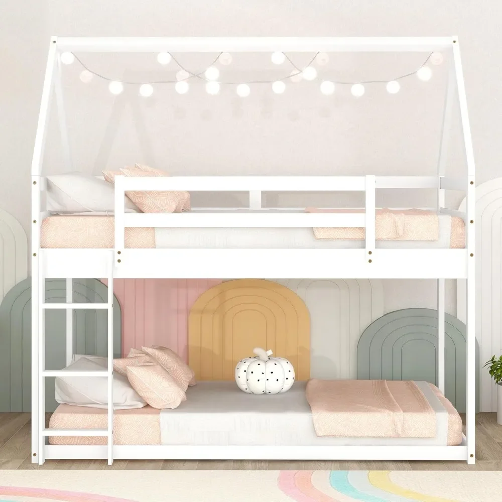 NEW-Bellemave Twin Over Twin House Bunk Bed for Kids,Floor Low Bunk Beds with Ladder and Guardrails,Solid Wood Twin Size Bunk Be