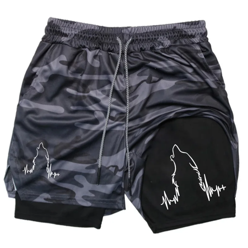 Howling Wolf Print 2 in 1 Running Shorts for Men Gym Workout Compression Shorts with Phone Pocket Towel Loop Summer Sport