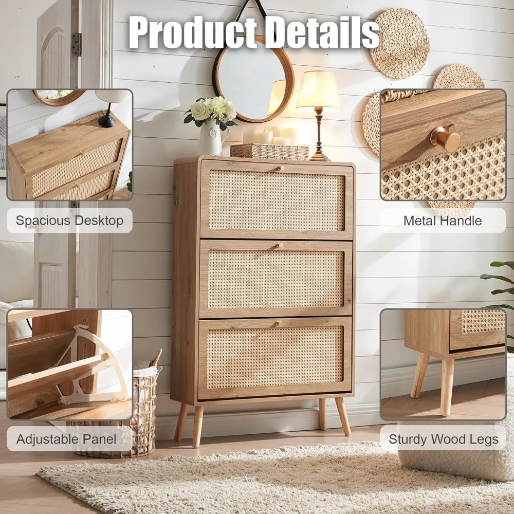 Rattan Shoe Cabinet with 3 Flip Drawers, 24 Pairs Shoe Storage Cabinet for Entryway Freestanding Hidden Shoe Rack 4