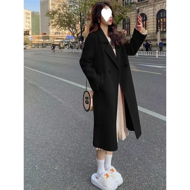 معطف صوفي وردي على الوجهين للنساء فضفاض متوسط الطو...