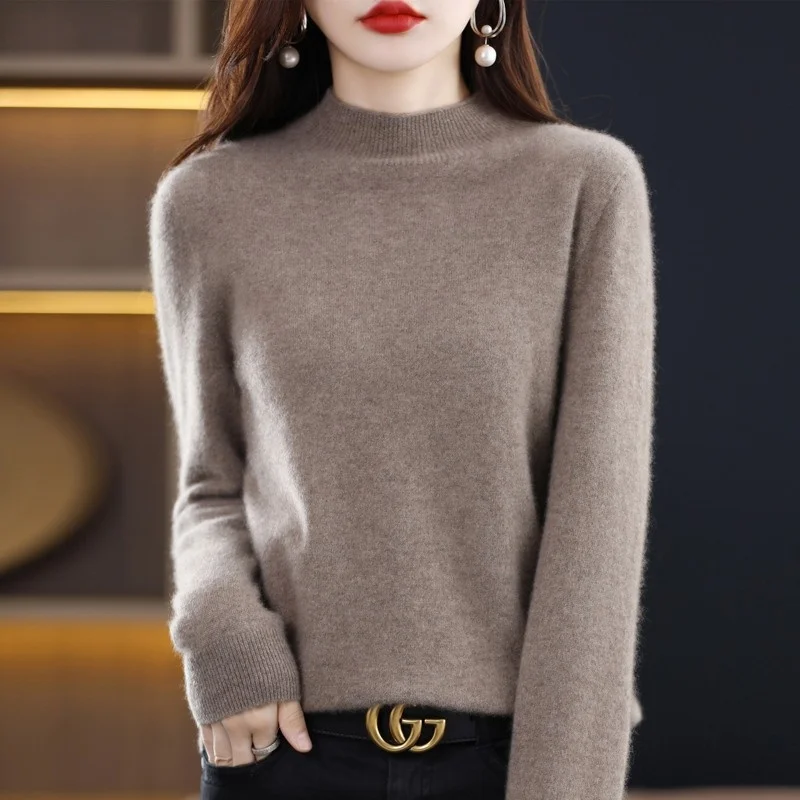 

100% Merino Wool Sweater Women's Half-Neck Pullover Loose Knit Bottoming Shirt Autumn Winter Long Sleeves Threaded Cashmere Tops