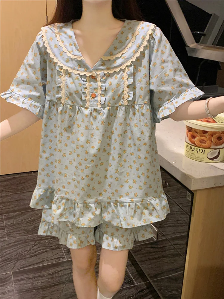 Soft Floral New Summer Print Flowers NightDress 100%Cotton Short Sleeve Pajama Set Women Cute Sweet Loose Casual Sleep Tops Ins