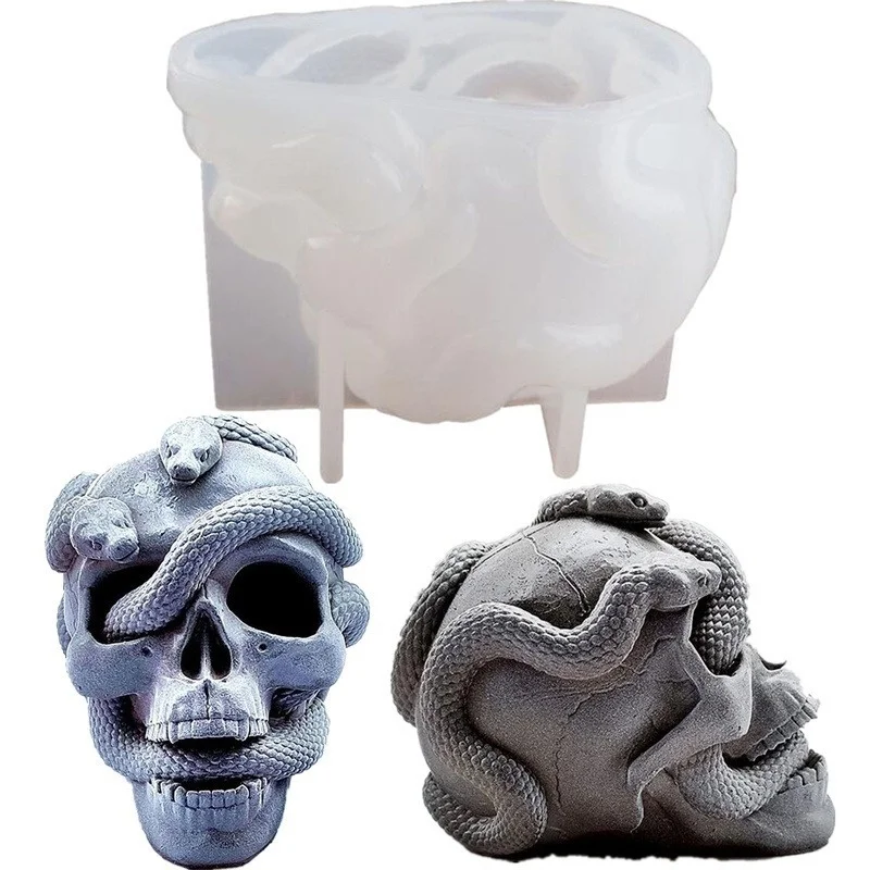 Skull Snake Head Silicone Mold DIY Epoxy Resin Double Snake Halloween Haunted Horror House Desk Decor Candle Mold silicone mold