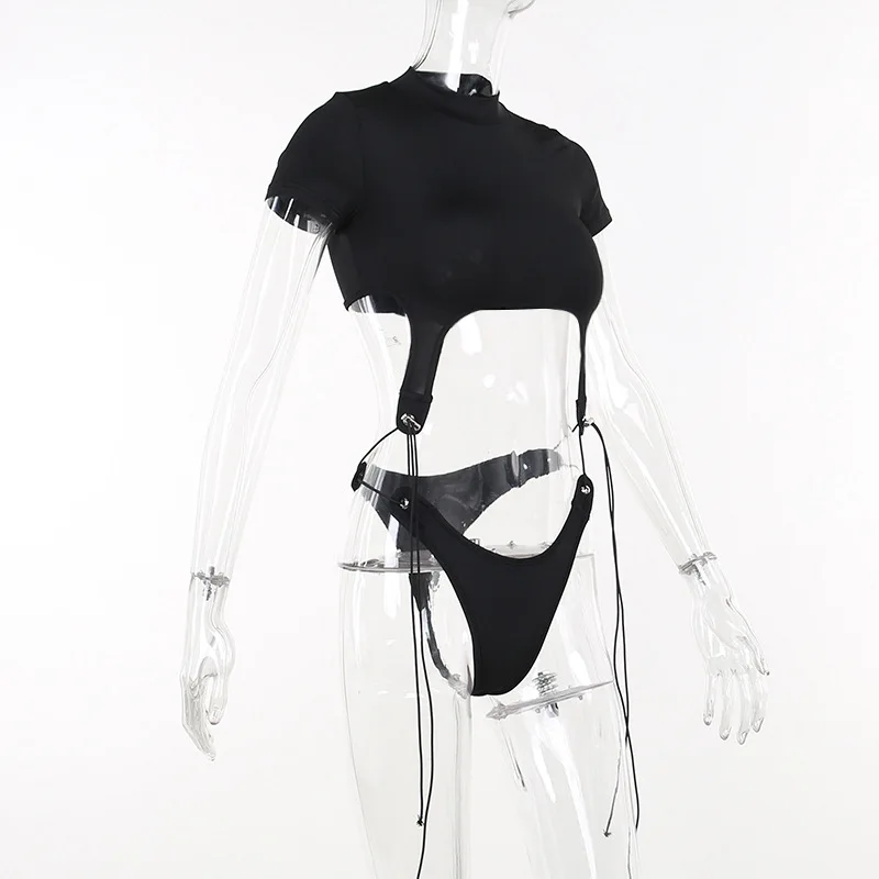 Body de manga corta con cuello alto para mujer, estilo Y2K, de una pieza con aberturas, con cordones, lencería sexy.