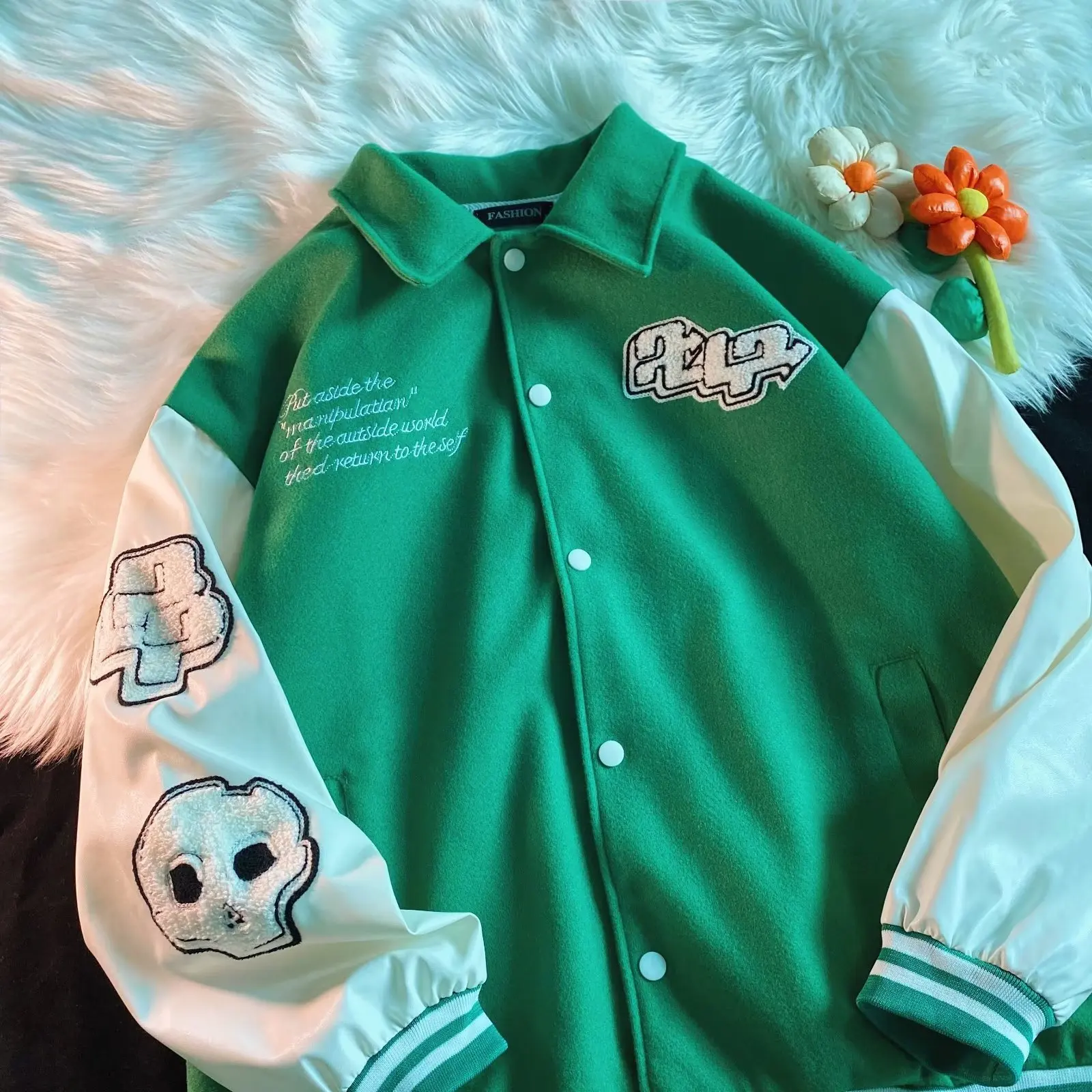 

Retro Skull Puppet Embroidered Varsity Jacket Jacket Men's 2022 Couple Street Harajuku Couple American Baseball Uniform