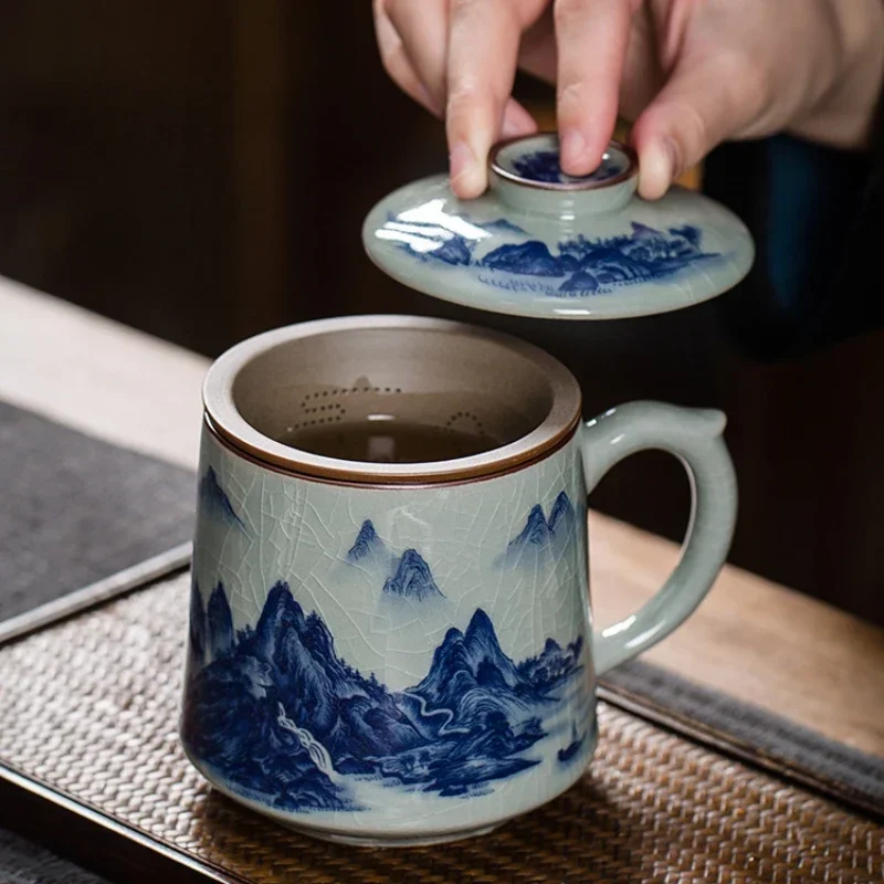 

Sale Jingdezhen Blue and White Ceramic Tea Making Cup Office Filter Tumbler with Lid Household Drinkware Handle Single Mug