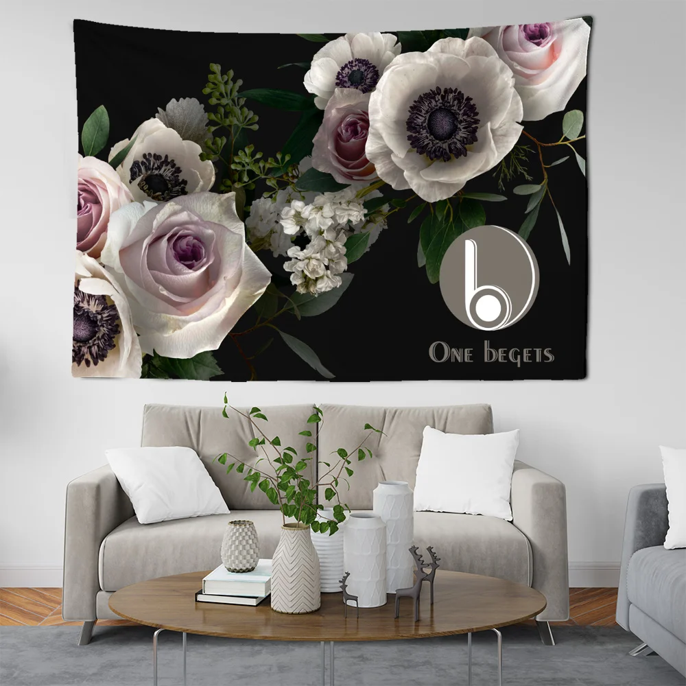 

Flower Blooming Beauty Illustration Tapestry Black Tone Stamens Dormitory Kitchen Bathroom Wall Hangings Home Decoration