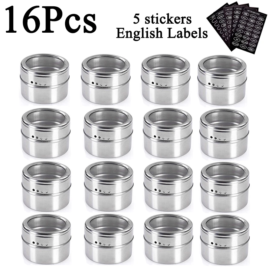 Magnetic Spice Jars With Wall Mounted Rack Stainless Steel Spice Tins Spice Seasoning Containers With Spice Label Salt Shaker