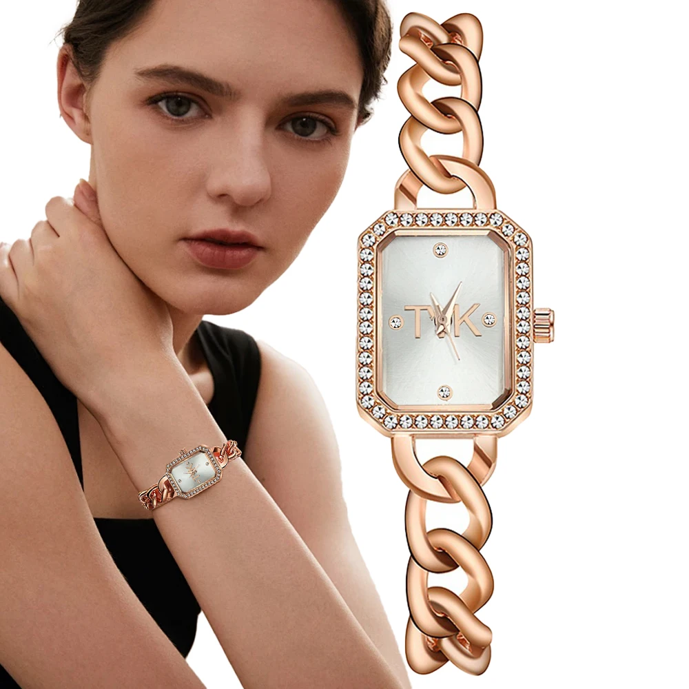Fashion Ladies 2024 New Tvk Brand Square Simple Diamond Quartz Watch Bracciale Casual Cinturino In Oro Rosa Orologi Da Donna
