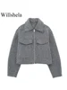 Willshela Women Fashion With Pockets Grey Front Zipper Jackets Vintage Lapel Neck Long Sleeves Female Chic Lady Outfits 2