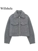 Willshela Women Fashion With Pockets Grey Front Zipper Jackets Vintage Lapel Neck Long Sleeves Female Chic Lady Outfits 2