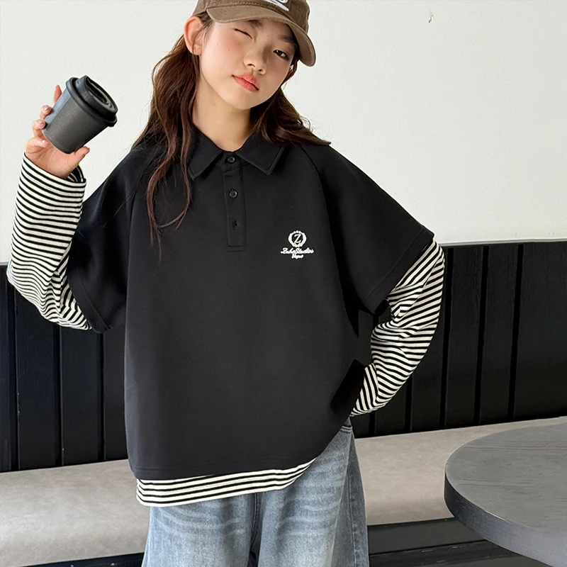 Mädchen-Poloshirt 2025, neues Herbstoutfit, Kinder-Urlaub im College-Stil, zweiteiliges Langarm-Top, Frühlings- und Herbstmädchen – Detail 1