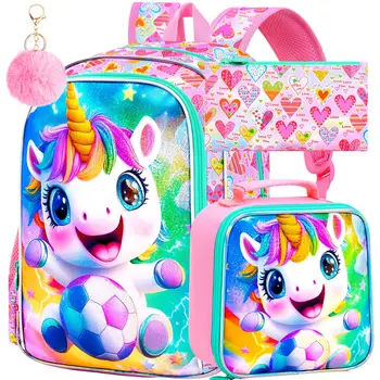 3Pcs Unicorn Backpack for Girls, 16" Soccer School Backpacks Set for Elementary Preschool Kindergarten, Kids Bookbag with Lunch 1