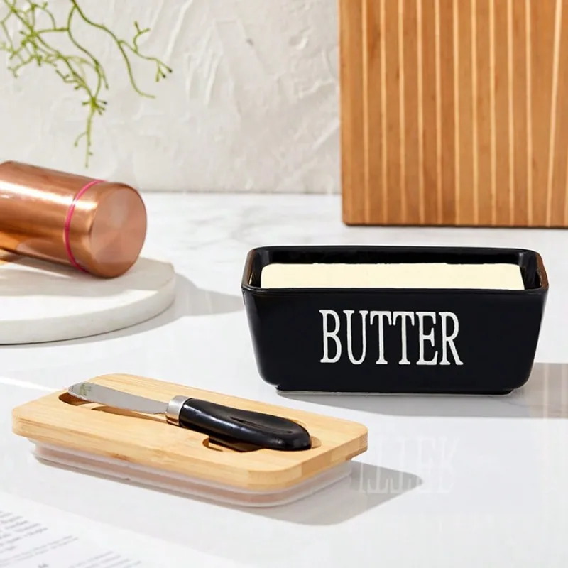 Ceramic Butter Cup with Lid and Knife Is Perfect for Cheese Yellow Oil Cans. Creative and Interesting Design Is Convenient