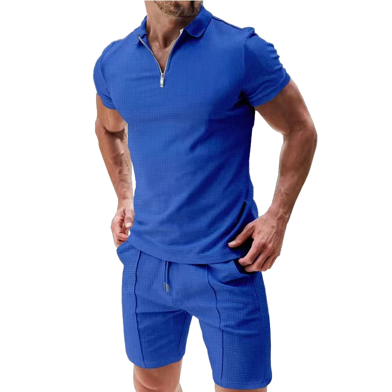 Cross border summer men's polo shirt set solid color waffle short sleeve slim lapel t-shirt casual men's set