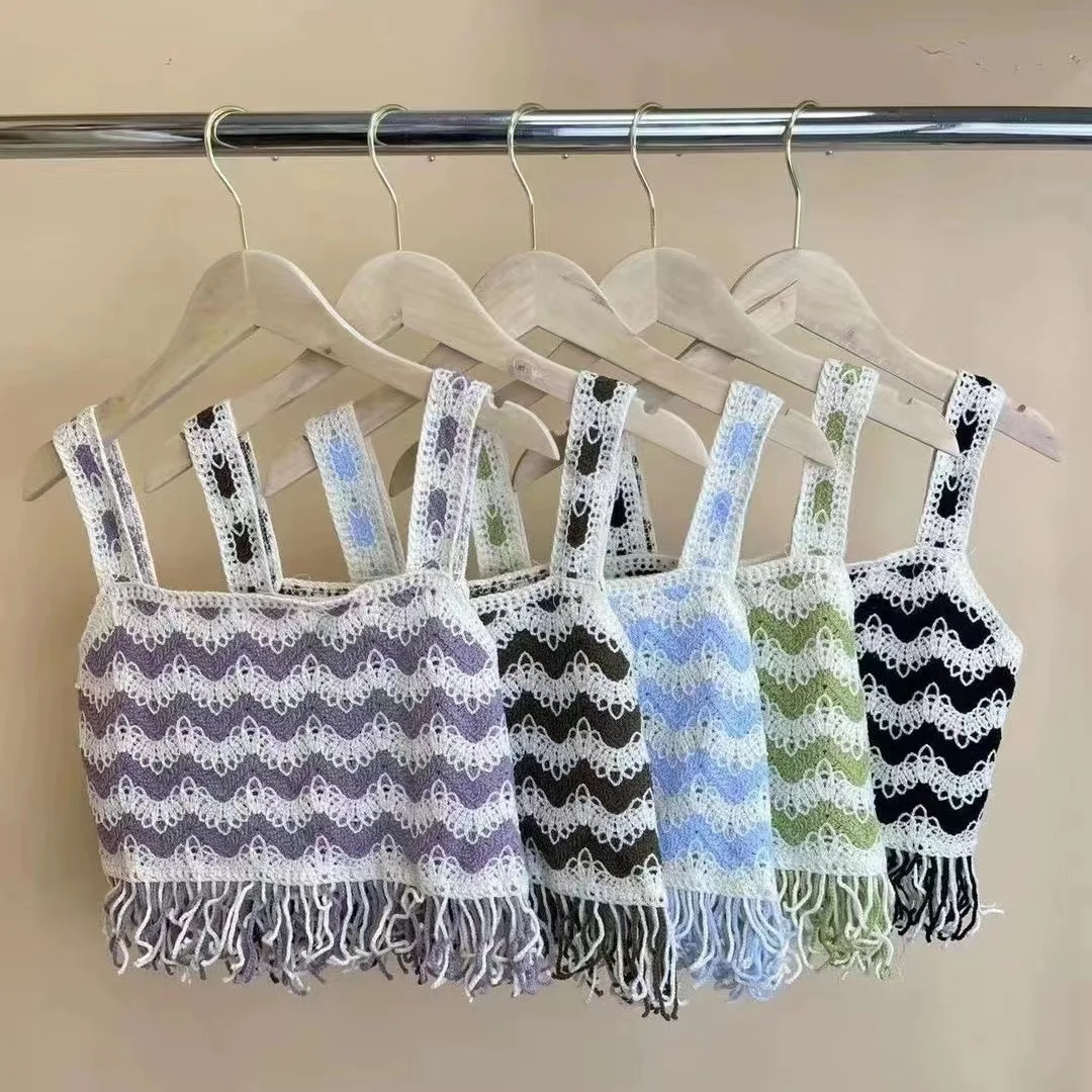 

Boring Honey Wavy-Edge Tassels Summer Clothes For Women Contrast Color Tank Tops Women Retro Square Collar Slim Crop Top Women