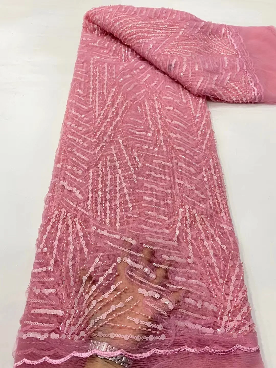 

Nigerian Pink Handmade Beaded Tulle Lace Fabric 2023 African Luxury Sequins And Peral Embroidery Fabric For Wedding Cloth Dress