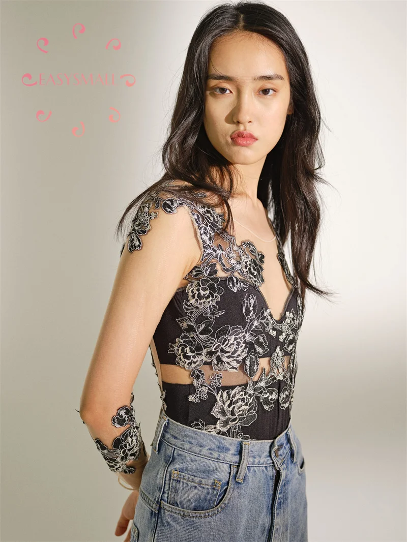 

Easysmall Fashion Luxury Silk Embroidery Sexy Perspective Shaping Bodysuit Top O-neck Longsleeve Short T-Shirt Women Sexy Slim