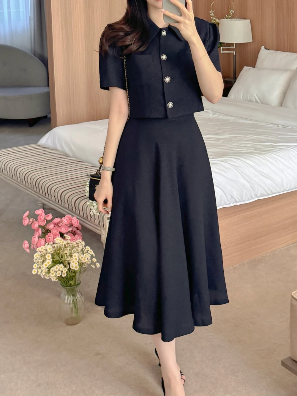 Korea Elegant Two Piece Sets Vintage Office Lady Short Sleeve