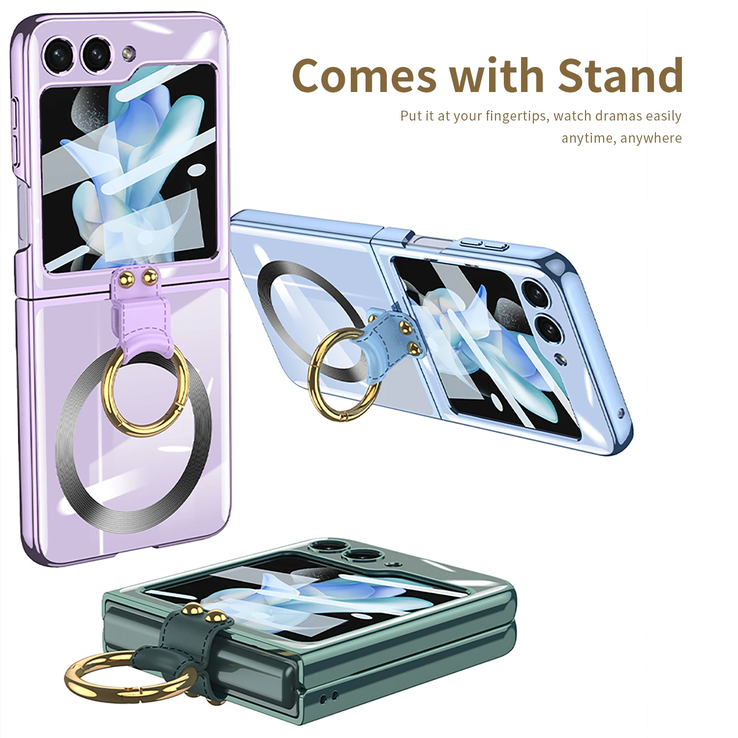 Electroplated Transparent Magsafe Case for Samsung Galaxy Z Flip 5 Flip5 Ring Holder Bracket Shockproof Glossy Cover Glass Film